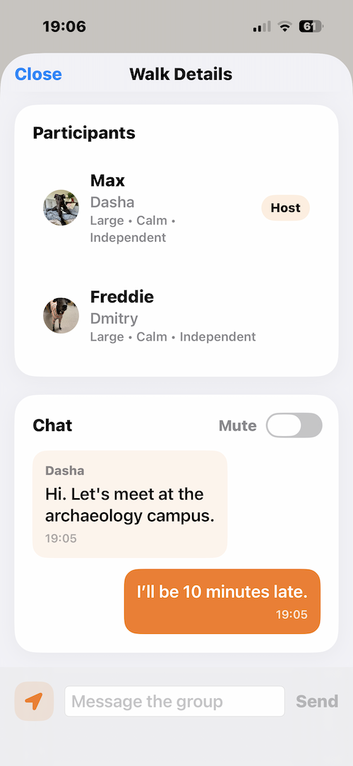 PawZa walk chat screen