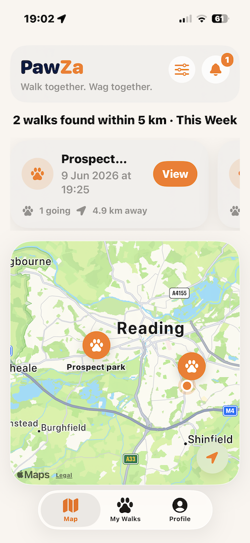 PawZa map showing nearby dog walks